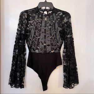 Lace and Satin Bell Sleeve Bodysuit